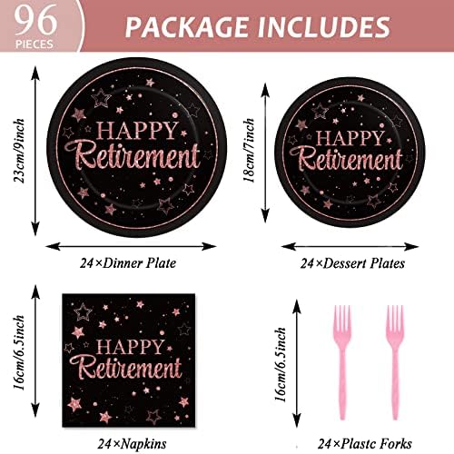 Wiooffen 96 Pcs Retirement Party Plates Napkins Tableware Set Rose Gold Happy Retirement Supplies Disposable Retired Graduation Dinnerware Decoration Favors for Women, 24 Guests - Image 2