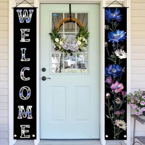 BlissYard 2pcs Welcome Summer Door Banner Colorful Daisy Porch Banners Sign Cornflower Floral Front Door Hanging Decor Banner for Seasonal Home Hawaii Tropical Party Outdoor Decorations - Image 2