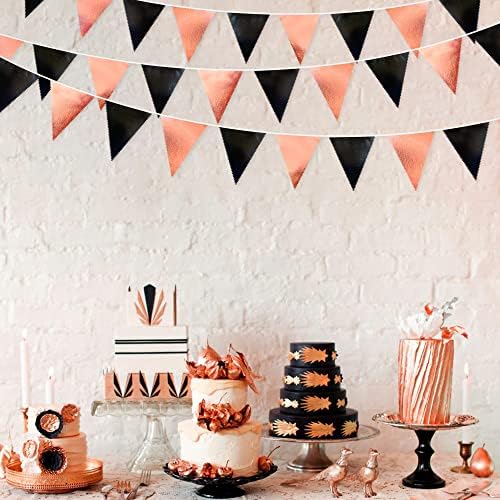 Black Rose Gold Party Decorations Triangle Pennant Banner Flag Rose Gold Black Metallic Fabric Bunting Garland for Graduation Birthday Wedding Engagement Bachelorette Celebration Hen Party Supplies - Image 4