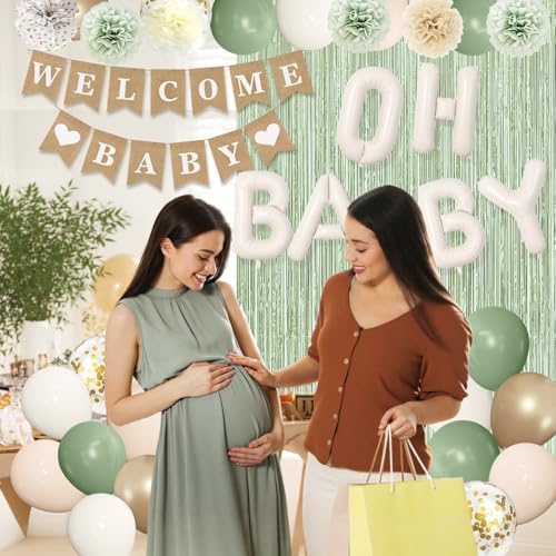 Ouddy Party Sage Green Neutral Baby Shower Decorations with Fringe Curtain - Image 6