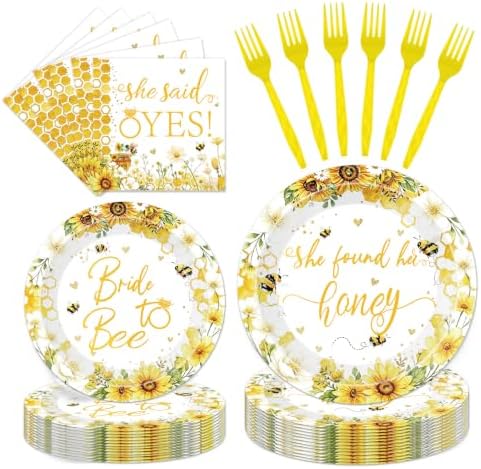 96 Pcs Bride to Bee Bridal Shower Tableware Set, Sunflower Honey Theme Party Supplies with Plates Napkins Forks, She Found Her Honey Engagement Bachelorette Party Decorations for 24 Guests by Unknown