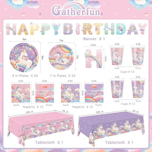 Unicorn Birthday Decorations Kit for Girl 24 Guests - for Unicorn Decorations, Includes Dinner & Dessert Plates, Napkins, Cups, Banner and Tablecloth for 1st Birthday Party Decorations - Image 2