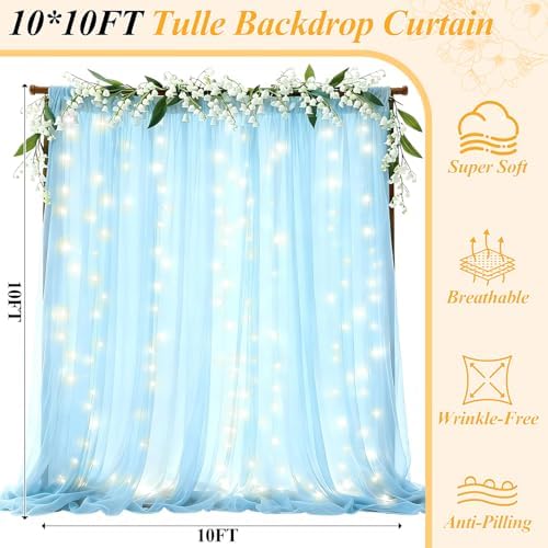 Ledido 10×10ft Blue Tulle Backdrop Curtain with Light(4 Panels 5×10ft) - Image 2