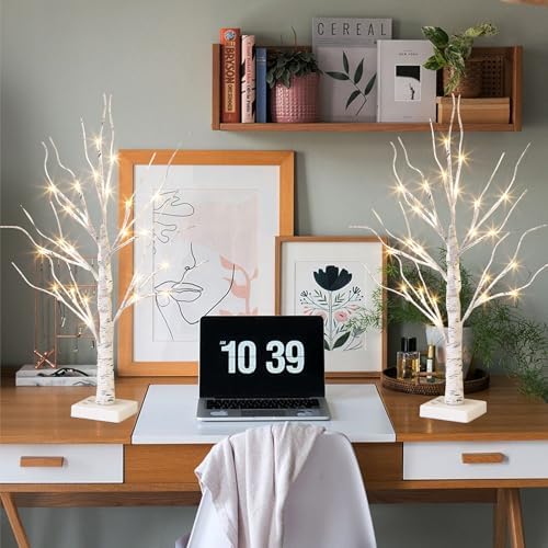 Vanthylit White Birch Tree with LED Lights - Set of 2, Tabletop Tree with Timer, Christmas Decorations Lighted Tree for Indoor Mantel Home Decor (2 FT, 24 LED) - Image 2
