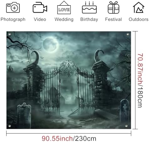 BlissYard Halloween Backdrop Banner Haunted Graveyard Gate 8x6ft - Image 3