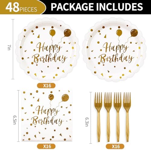 48PCS Happy Birthday White Gold Plates and Napkins Party Supplies - Image 2