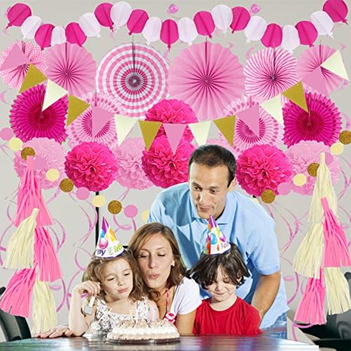 ZERODECO Party Decorations, 41 Pcs Pink Papar Fans Pompoms Garlands String Tissue Paper Tassel for Fiesta Home Bridal Baby Shower Wedding Boy Girl Birthday Party - Image 7