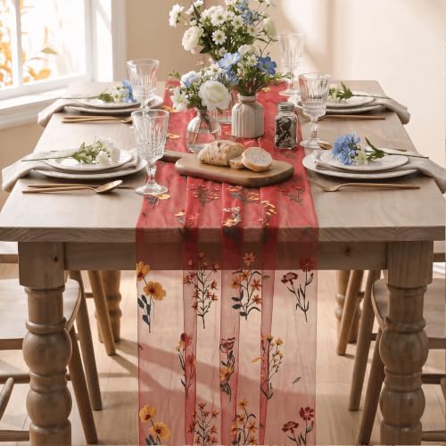 Artoid Mode Wildflower Red Gauze Embroidery Table Runner 120 Inch 10FT - Image 2