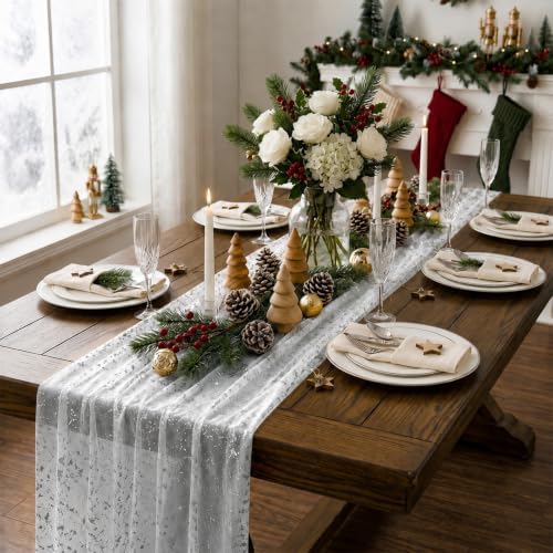 4Pcs White Silver Gauze Table Runner with Glitter Metallic Foil - Image 6
