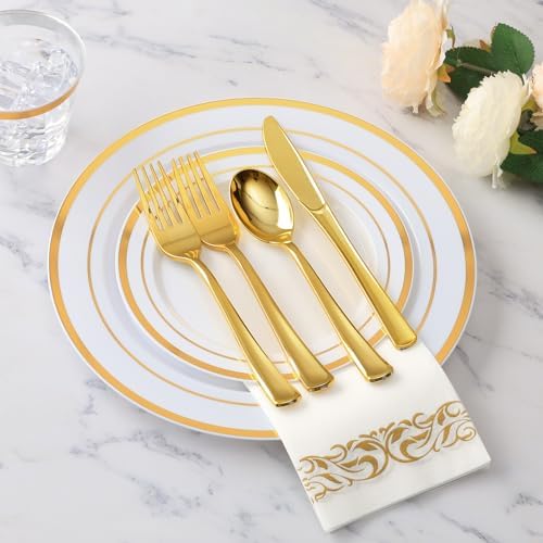 Goodluck 350 Pcs Gold Dinnerware Sets for 50 Guests, Disposable Plate Sets - Image 2