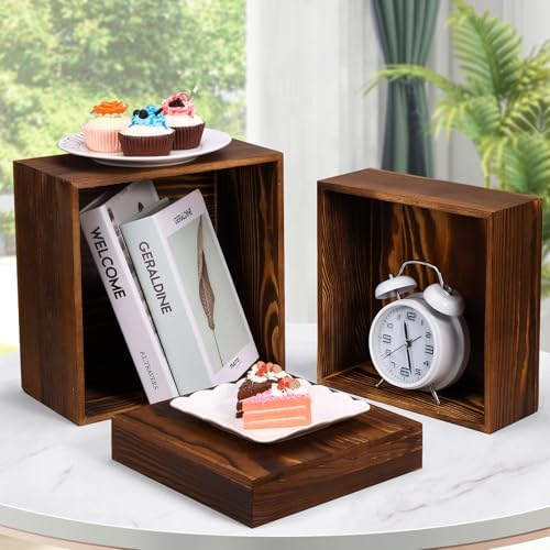 6 Pack Wooden Risers Display Stands Rustic Wood Cake & Cupcake Stands for Party Square Food Risers for Buffet Wooden Crates for Display Home Decor - Image 3