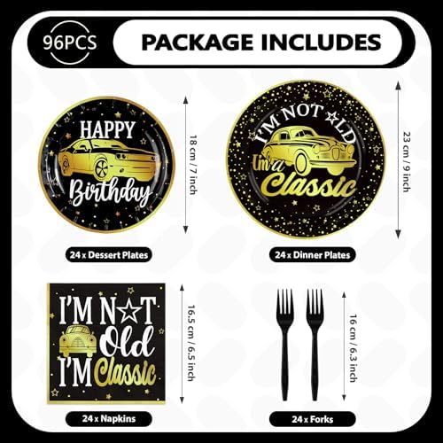 Greencian 96Pcs Classic Car Gold Black Birthday Decorations Serve 24 - Image 2