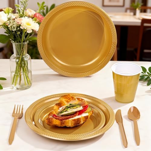MirthMood 350PCS Gold Plastic Plates,Gold Disposable Plates –Plastic Plates Set Includes 50 Dinner,50 Dessert Plate,50 Cup&50 Napkins, 50 gold Silverware for Wedding& Parties& Birthday - Image 3