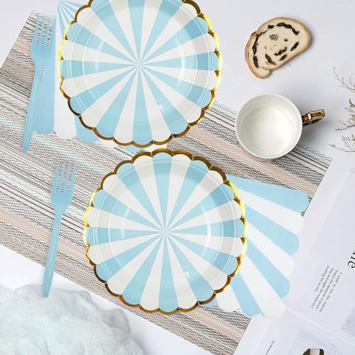 72PCS Blue Paper Plates and Napkins Party Supplies, Gold Foil Edge Scalloped Striped Paper Plates Napkins Disposable Tableware Set for Birthday Wedding Baby Shower Party Decoration (Blue) - Image 6