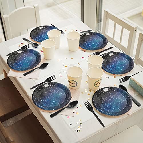 96 Pcs Galaxy Party Starry Night Supplies Tableware Set Outer Space Theme Birthday Star Party Table Decorations Solar System Paper Plates Napkins Forks for 24 Guests - Image 6