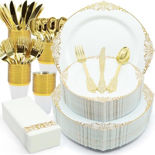 AIRE White Gold Plastic Plates Set, 175PCS Disposable Dinnerware for 25 by AIRE