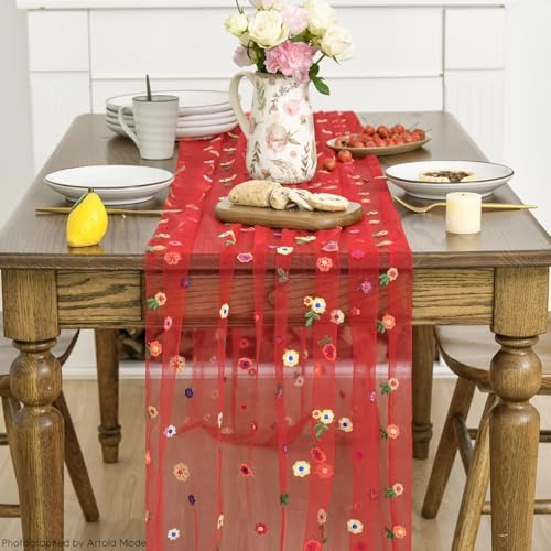 Artoid Mode Red Embroidery Daisy Gauze Table Runner 120 Inch 10FT - Image 2