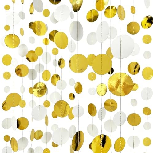 46 Feet White and Gold Circle Dots Garland Hanging Paper Polka Dots Streamer for Birthday Bachelorette Engagement Anniversary Wedding Bridal Shower Christmas Holiday Party Decorations Supplies by pinkblume