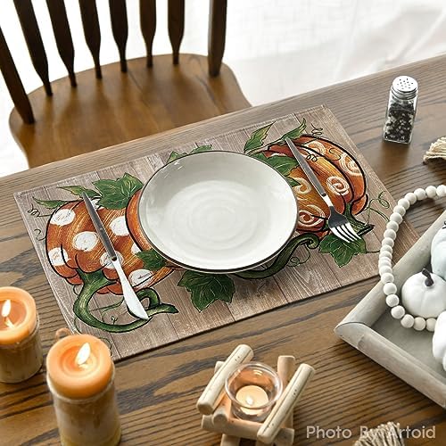 Artoid Mode Wood Polka Dot Pumpkins Fall Placemats Set of 6-12 x 18 Inch - Image 4