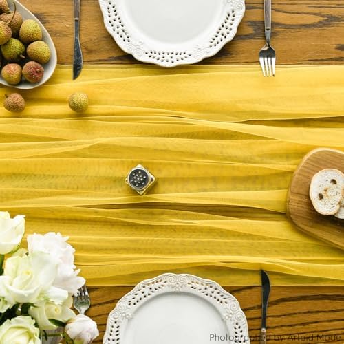 Artoid Mode Yellow Gauze Table Runner 120 Inch 10FT, Seasonal Sheer Kitchen Dining Holiday Wedding Birthday Baby Shower Table Decor for Home Party - Image 4