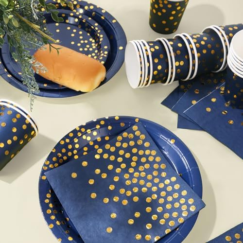 168Pcs Navy Blue Plates and Napkins Party Supplies, Blue Paper Plates Serve 24, blue and Gold Party Decorations, for Birthday, Fathers Day, Graduation, 4th of July - Image 7