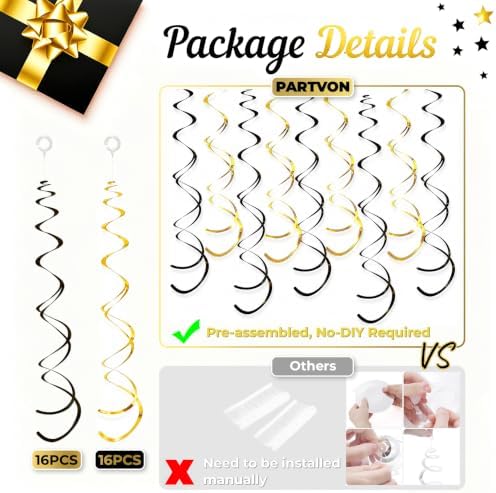 32 PCS Gold Black Hanging Swirl Decorations, Sparkle Ceiling Swirls with Plastic Streamers for Graduation, Casino Night, Black Tie, New Year, Milestone Birthday, Retirement Party - Image 3
