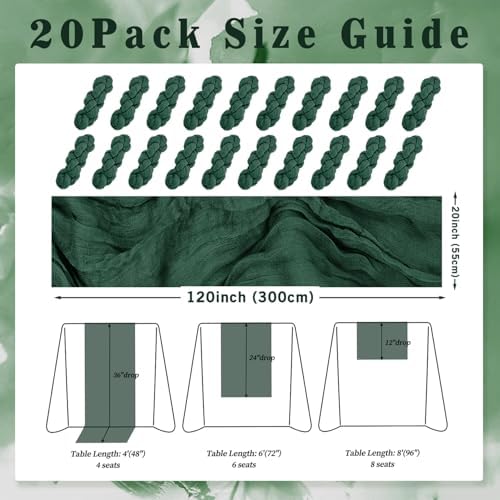 Emerald Green 20 Pack Cheesecloth Table Runner 10FT Boho Fabric Rustic Cheese Cloth Table Runner for Wedding 20 x 120 Inch Long Bridal Shower Baby Shower Gauze Sheer Birthday Party Table Decorations - Image 2