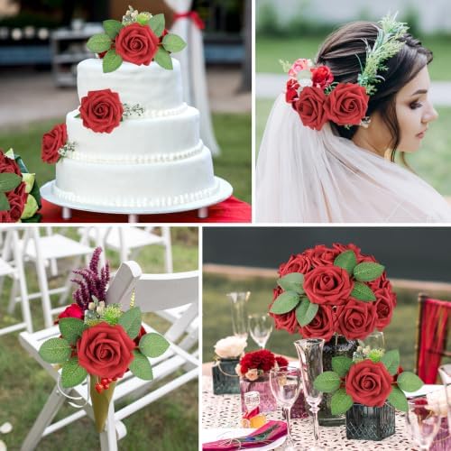 AmyHomie Red Rose 50pcs Real Looking Artificial Flowers w/Stem - Image 4