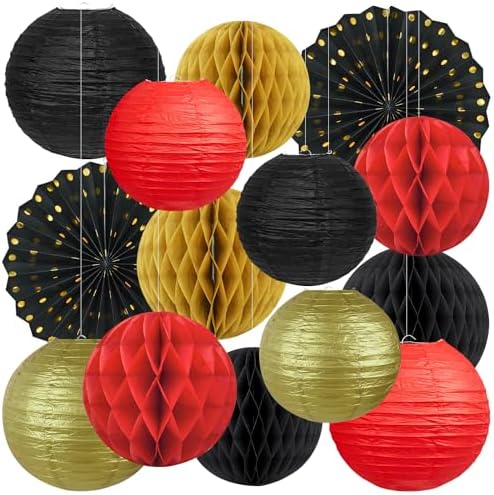 14 Pack Red Black and Gold Party Decorations Kit, Hanging Paper Lanterns & Fans for Casino Night, Red Carpet, Hollywood Theme Party, Game Night, Hibachi Party and Graduation by Dimhut