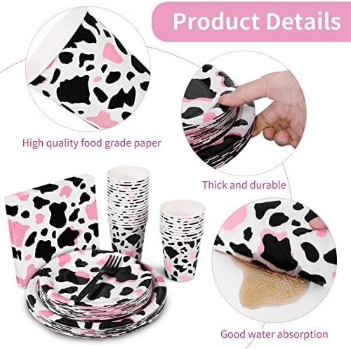 durony 144 Pieces Pink Cow Print Party Tableware Set Including Cowgirl Pink Cow Party Plates Cups Napkins Forks Serves 24 for Baby Shower Farm Cow Party Decorations - Image 3