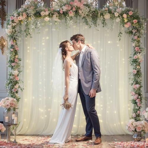 20x8ft Ivory Tulle Backdrop Curtain with Lights String for Parites, Sheer Photo Backdrop Curtains with Lights for Wedding Backdrop Ceremony Reception Bridal Shower Baby Shower Birthday Party - Image 4
