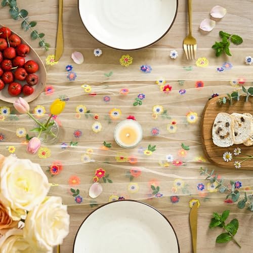 Artoid Mode 3PCS Champagne Embroidery Daisy Gauze Table Runner 120Inch 10FT - Image 2