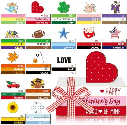 Menkxi Valentines Decorations Valentine's Day Wooden Book Stack Table Centerpiece Seasonal Highland Cow Decoration Tiered Tray Decor Gift for Party Kitchen Home Dining Table Decor(Book Block) by Menkxi