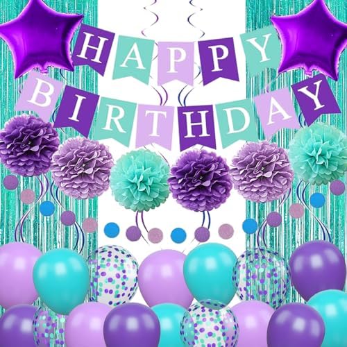 Mermaid Birthday Decorations Purple Teal Blue Party Balloons Happy Birthday Banner Dots Garland Purple Turquoise Green Fringe Curtain Pompom Swirls for Girl Women Baby Shower Party Decoration by Jobkoo