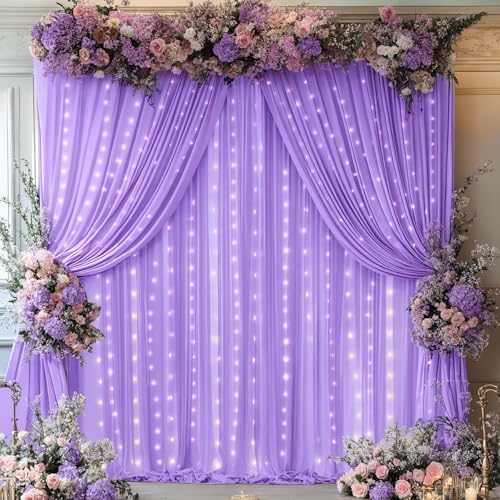 Lavender Backdrop Curtains with Lights for Parties,10x10FT Wrinkle Free Polyester Wedding Photo Backdrop Curtains for Baby Shower Birthday Ceremony Reception Home Party Decorations-5ft x 10ft,2 Panels by Partisky
