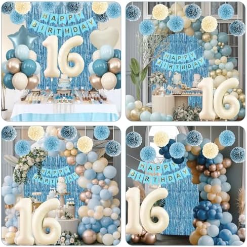 Dusty Blue 16th Birthday Party Decorations Boys Beige Number 16 Balloon - Image 5