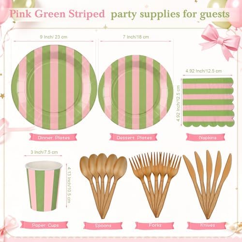 Mimorou 350 Pcs Pink and Green Striped Party Tableware for 50 - Image 3