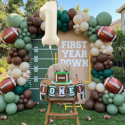 First Year Down Football Balloon Arch Kit – 1st Birthday Football Decorations with Number 1 Balloon, Football Foil Balloons & Green Brown Balloon Garland for Baby Boy Birthday Party (139PCS) - Image 7