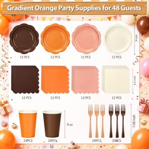 192Pcs Orange Paper Plates and Napkins for Fall Birthday, Thanksgiving - Image 2