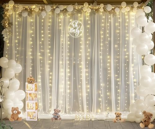 Ivory Tulle Backdrop Curtains with Lights String for Parites Wedding 20×8ft Ivory Sheer Backdrop Curtains for Baby Shower Birthday Party Photo Shoot Background Decorations(4 Panels 5ft×8ft) - Image 4