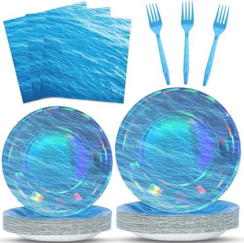 96Pcs Iridescent Sea Party Plates Napkins Waves Birthday Party Decorations by CHUNNIN