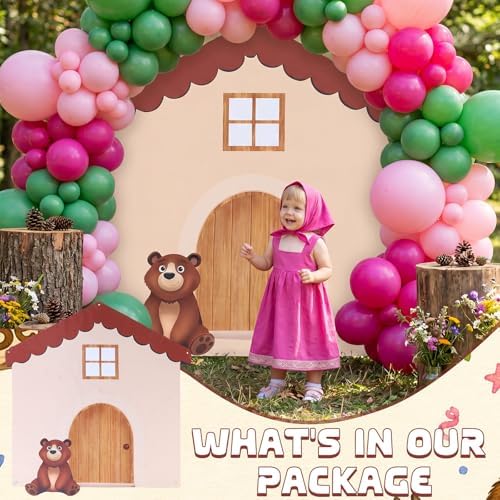 214 Pcs Pink Cartoon Bear Party Balloon Arch Kit with Cute Banner for Forest Birthday Baby Shower Woodland Party Celebrations Wooden House Picnic - Image 6
