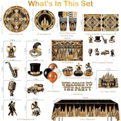 NeoRov 221 Pcs Roaring 20s Party Decorations Tableware Backdrop Set - Image 2