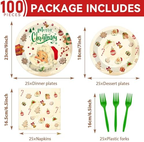 Qyeahkj 100 Pcs Christmas Xmas Party Paper Plates and Napkins, Vintage Holiday Party Supplies Birthday Party Tableware Set Table Decorations Favors with Forks for Girls Boys Kids Serve 25 - Image 2