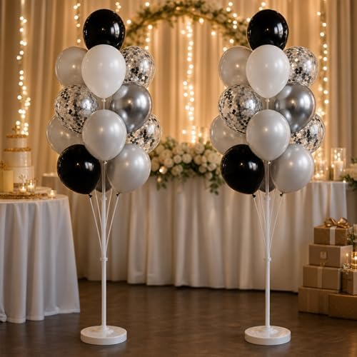 Balloon Column Stand Kit,2 Sets of Assorted Rainbow Balloon Tower Pillar with 10inch Bright Color baloon Reusable Design for Grirls Party,Birthday, Wedding,Baby Shower (Black Silver) - Image 7