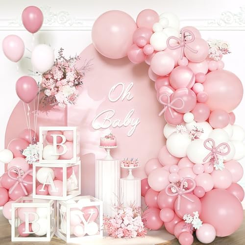 170Pcs Coquette Pink Bow Baby Shower Decorations for Girl - Soft Pink Balloon Arch Garland Kit with 4 Baby Boxes - DIY Long Balloons for Bows, Princess Birthday Party Supplies, Gender Reveal by jenmir