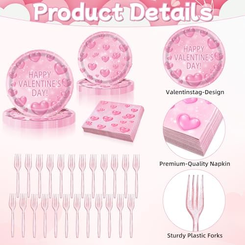 96 Pieces Valentine’s Day Tableware Set – Pink Heart Disposable Plates and Napkins for Romantic Dinners, Weddings, Anniversaries, and Valentine Parties – Serves 24 Guests - Image 3