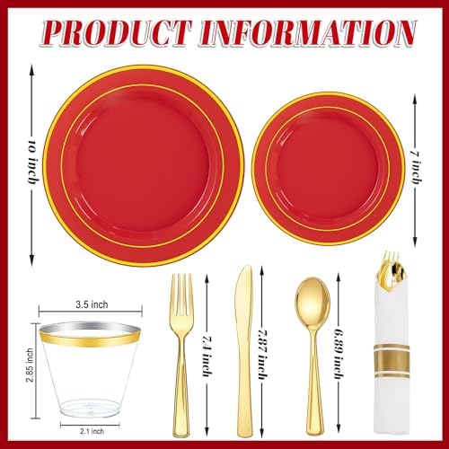 WDF Partyware 175 Pieces Red Plastic Plates with Gold Rim Include Dinner Plate 10" Dessert Plate 7" gold Cups 9 OZ, Pre Rolled Napkins 25 of each type for Wedding/Party/Birthday - Image 2