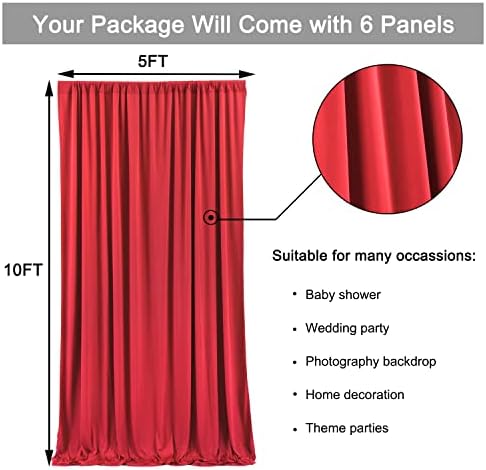 30ftx10ft Wrinkle Free Red Backdrop Curtains for Parties, 6 Panels 5x10ft Silky Polyester Photo Backdrop Drapes for Wedding Birthday Christmas Party Photography Background - Image 5