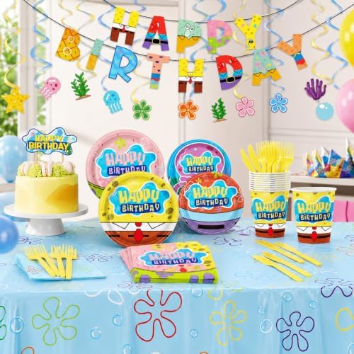 Yellow Cartoon Party Supplies Ocean Tableware Set for 20 Guests With Plates, Cups, Napkins, Banner, Tablecloth, Cake Toppers & Hanging Swirls for Kids Birthday Party Decorations - Image 5